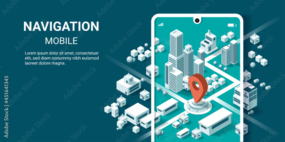 Vector illustration of smartphone with mobile navigation app on screen, City isometric plan with road and buildings, GPS, World Map. Isometric smart city concept. 3d vector illustration Vector illustration of smartphone with mobile navigation app on screen, City isometric plan with road and buildings, GPS, World Map. Isometric smart city concept. 3d vector illustration