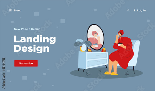 Young woman sitting in front of mirror and washing, cleansing or moisturizing her face skin in morning. Cartoon colorful vector illustration for daily personal care, hygiene, routine skincare concept
