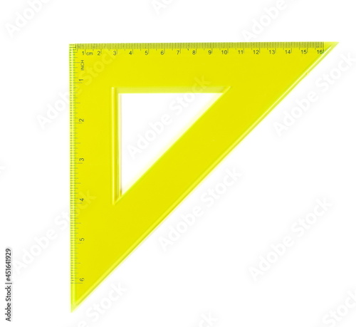 Yellow transparent triangle ruler, isolated on white background, with clipping path