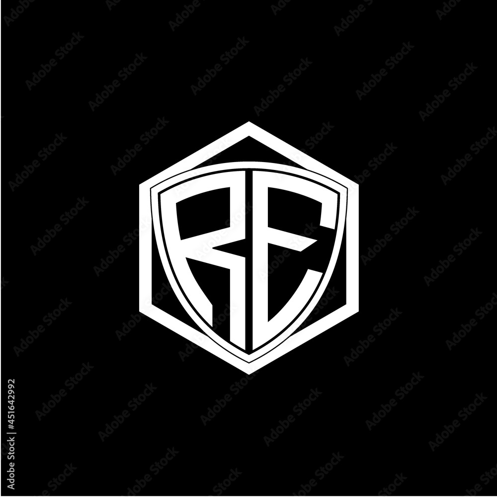 initial letter R E shield with hexagon frame initial letter R E shield with hexagon frame