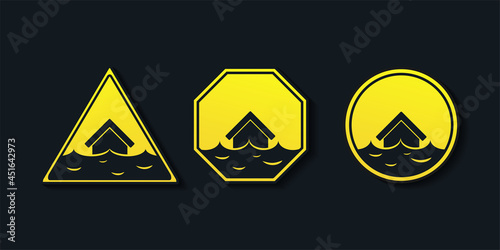 Flood area warning sign. Houses are flooded. Illustration vector