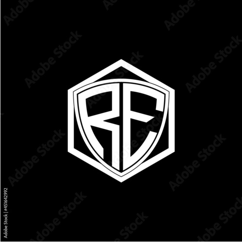 initial letter R E shield with hexagon frame