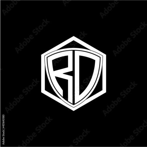 initial letter R O shield with hexagon frame