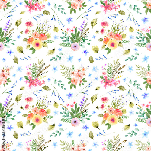 Watercolor seamless patterns with flowers  festive bouquets and individual elements of bouquets