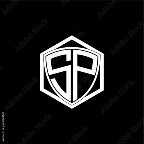 initial letter S P shield with hexagon frame