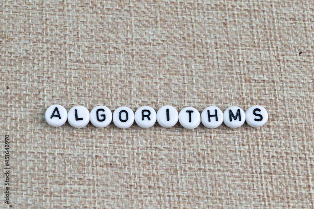 Alphabet beads with text ALGORITHMS. Top view Alphabet beads with text ALGORITHMS. Top view