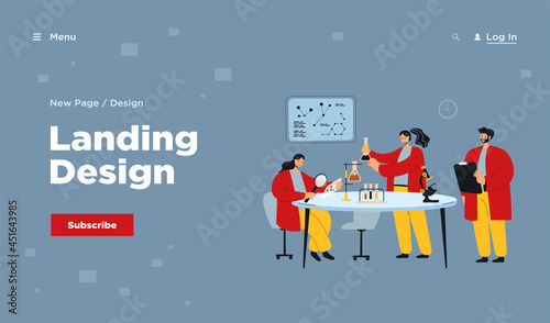 Happy scientist making research in laboratory isolated flat vector illustration. Cartoon medical students in white coats conducting chemical test. Chemistry and science concept