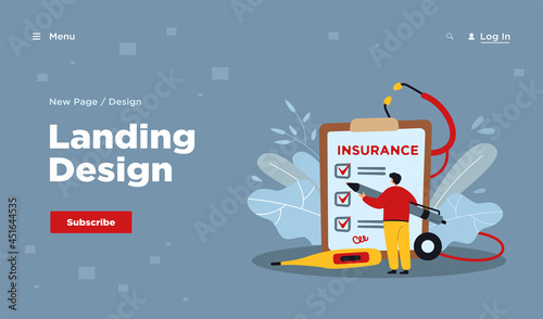 Person studying terms and signing health insurance agreement. Tiny man with pen, big checklist, stethoscope and thermometer. Vector illustration for medical service, health protection concept