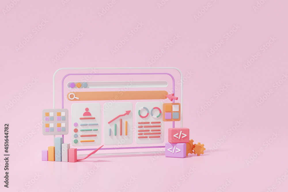 3D render SEO or Search Engine Optimization online marketing concept. growth chart report.isometric web analytics click search keyword information computer on pink background illustration 3D render SEO or Search Engine Optimization online marketing concept. growth chart report.isometric web analytics click search keyword information computer on pink background illustration