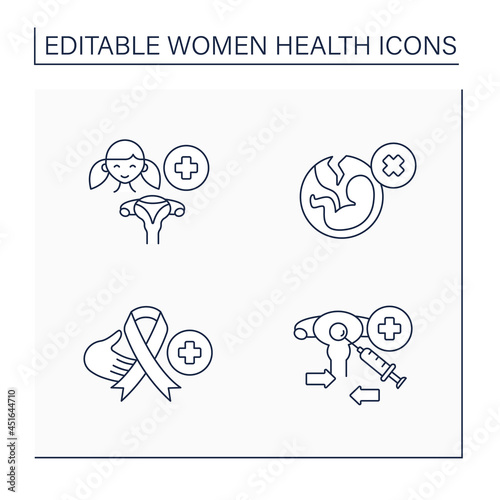 Women health line icons set.Reproductive system diseases. Adolescent gynecology, abortion, cancer, egg donation program. Healthcare concept. Isolated vector illustrations.Editable stroke
