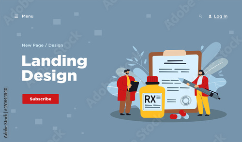 RX prescription flat vector illustration. Cartoon tiny pharmacists recommending therapy and medication with drugs and painkillers to patient. Pharmaceutical industry, medicine concept