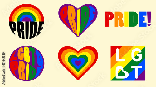 Illustration set of LGBTQ+ logos in bright rainbow colors. Cartoon vector flat design gay pride symbols isolated on light yellow background
