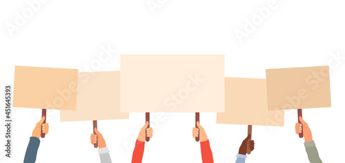 Protest, picket and peaceful demonstration. People hold in hands posters and banners. Raised up hands holding blank banner and placard. Protest and strike background