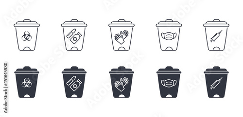 Vector medical waste icons. Editable stroke. Containers with a protective face mask, medication gloves, a syringe. Infectious linear icon. Disposable biohazard trash PPE. Quarantine safety