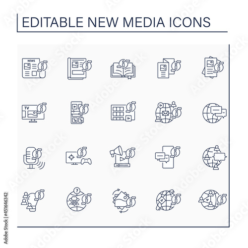 New media line icons set. Transmitting, sharing, reproducing information. Information space concept. Isolated vector illustration. Editable stroke