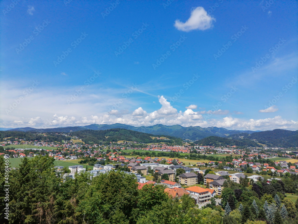 View of the town of Judendorf Strassengel from the pilgrimage Church Maria Strassengel hill, near Graz, Styria region, Austria