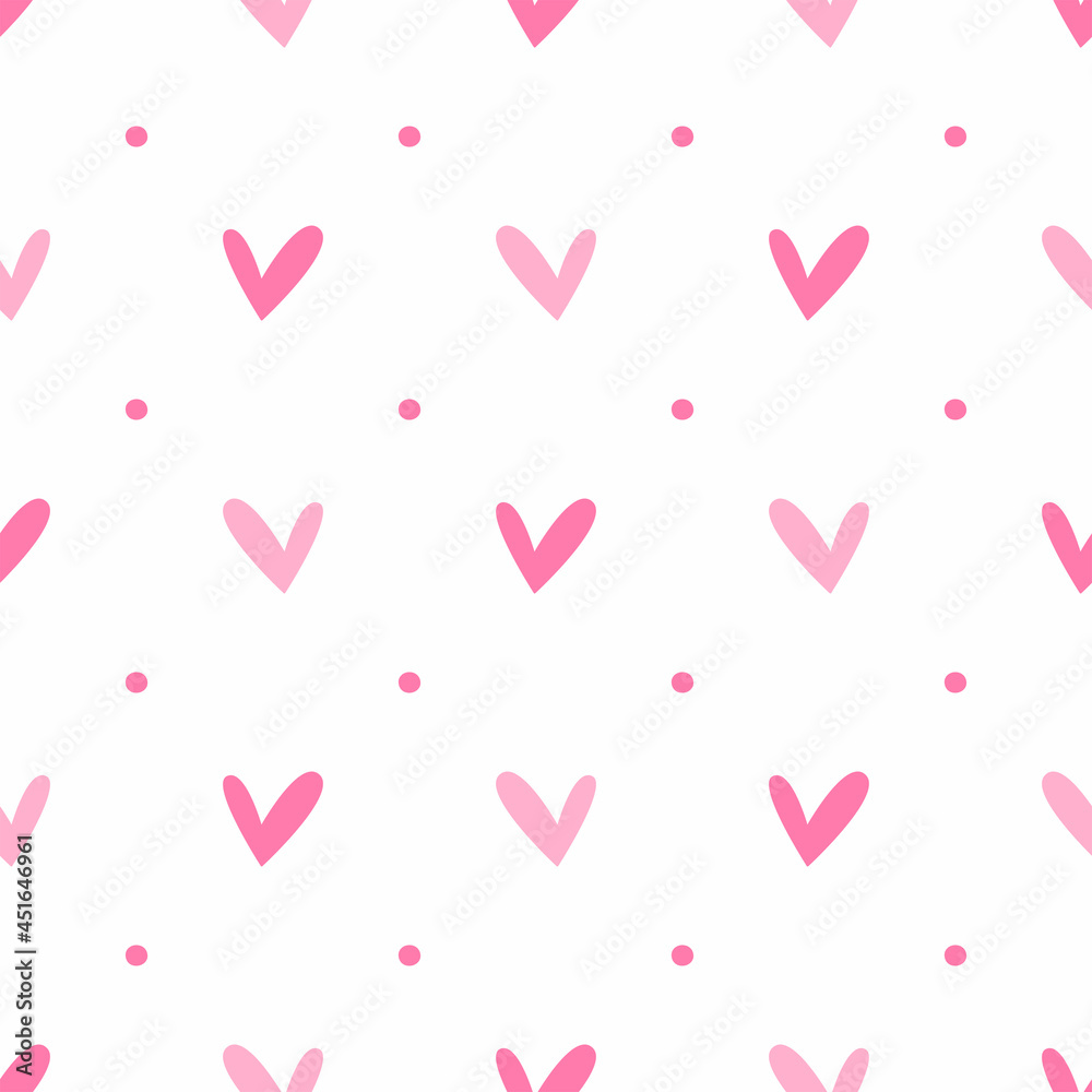 Seamless pattern with repeating hearts and polka dots. Cute print. Simple vector illustration.