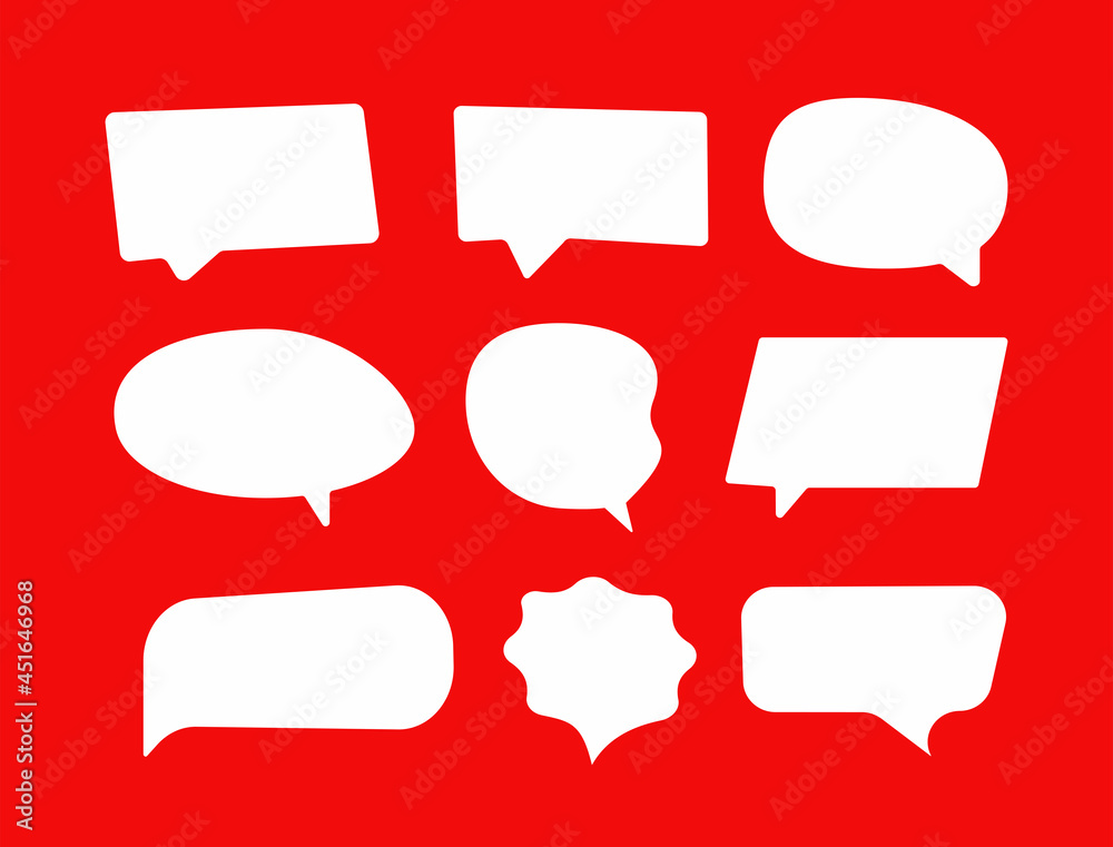Set of flat speech bubbles. Collection of isolated white elements on red background. Vector illustration. Set of flat speech bubbles. Collection of isolated white elements on red background. Vector illustration.
