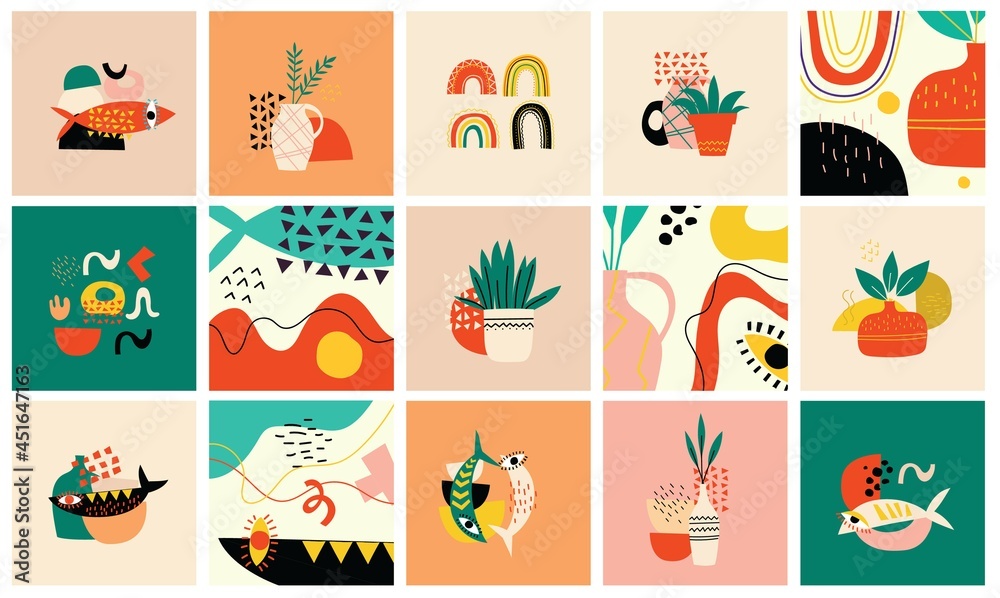 Set of Hand drawn various colorful shapes and doodle objects backgrounds. Abstract modern trendy vector illustration.