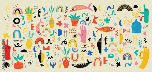 Set of Hand drawn various colorful shapes and doodle objects backgrounds. Abstract modern trendy vector illustration.