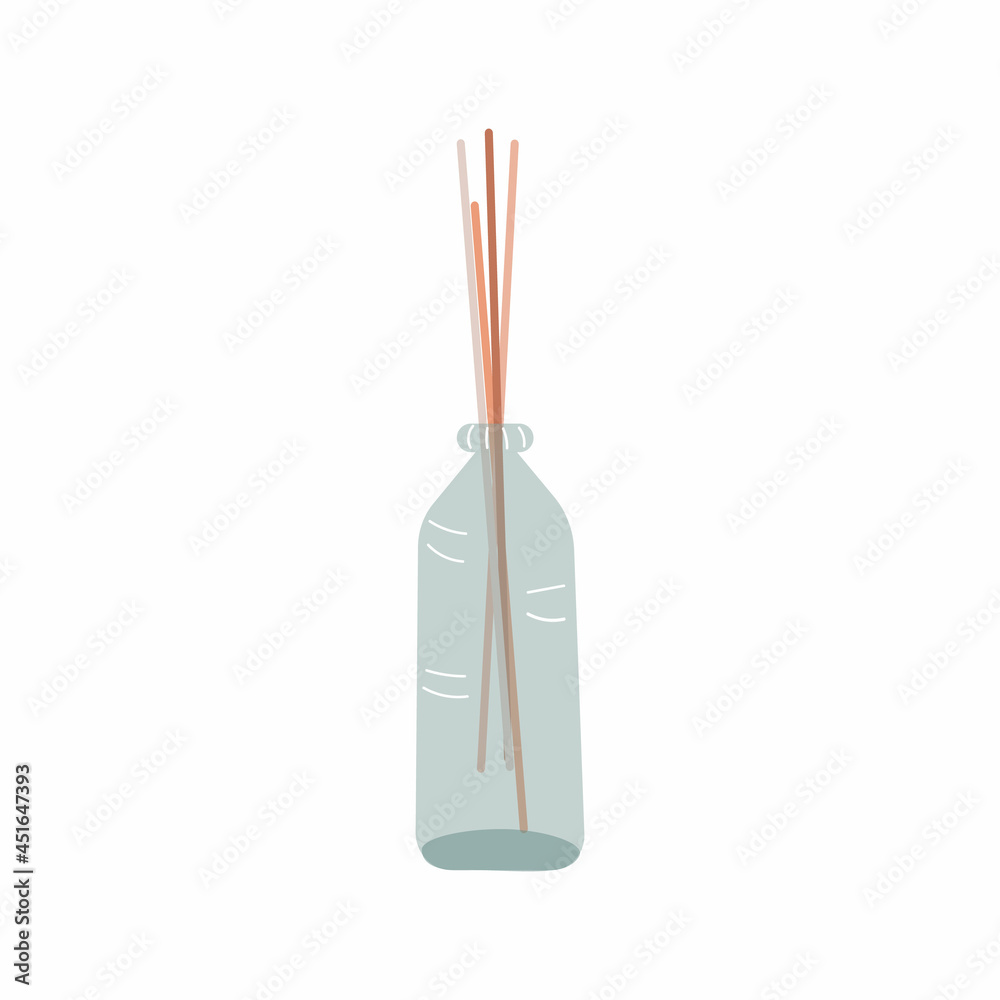 Diffuser. Fragrance reed sticks in a bottle. Interior decoration, oil perfume stick diffusers for freshening room. Simple modern hand drawn illustration, isolated vector clipart Diffuser. Fragrance reed sticks in a bottle. Interior decoration, oil perfume stick diffusers for freshening room. Simple modern hand drawn illustration, isolated vector clipart