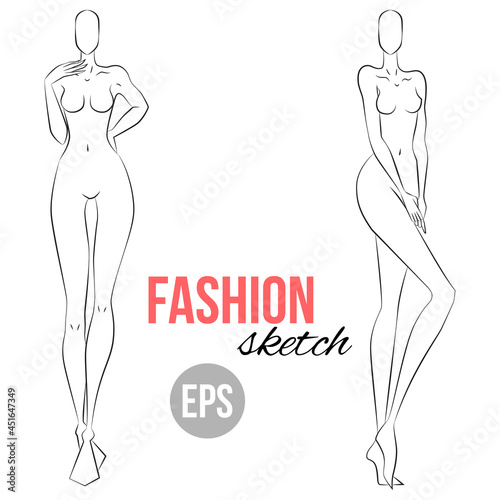 Woman's figure sketch. Different poses. Template for drawing for stylist and designers of clothes. Vector outline girl model template for fashion sketching. Woman's body. Fashion illustration.