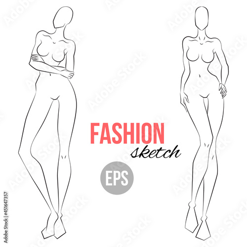 Woman's figure sketch. Different poses. Template for drawing for stylist and designers of clothes. Vector outline girl model template for fashion sketching. Woman's body. Fashion illustration.
