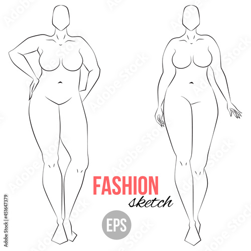 Plus size model. Curvy body.  Woman's figure sketch. Different poses. Template for drawing. Vector outline girl model template for fashion sketching. Woman's body. Fashion illustration.
