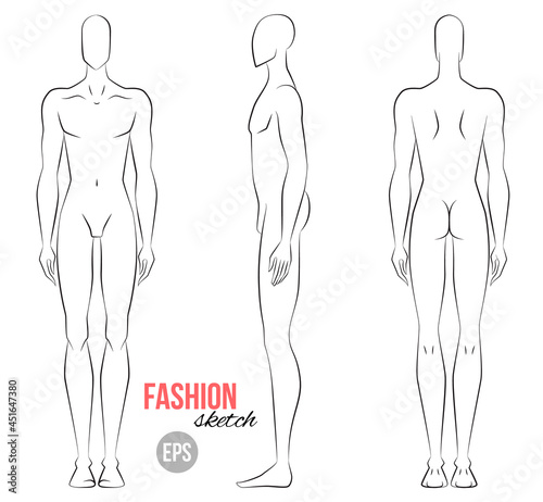 Man's figure sketch. Different poses. Technical drawing. Vector outline boy model template for fashion sketching. Man's body. Fashion illustration.