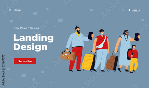 Big group of tourists in line with baggage flat vector illustration. Cartoon happy characters walking in airport with suitcases and bags. Travel and journey concept