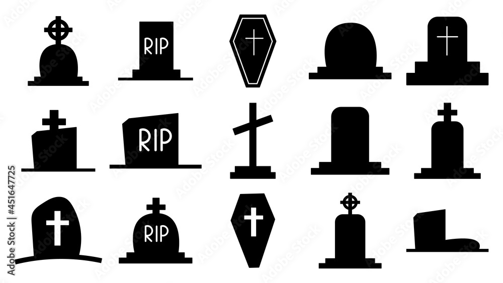 Collection of dark silhouettes of tombstones. Icons of graves, monuments with crosses. Tomb with a cross and gravestones. Death and burial symbol. Vector illustration isolated.