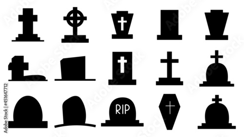 Collection of dark silhouettes of tombstones. Icons of graves, monuments with crosses. Tomb with a cross and gravestones. Death and burial symbol. Vector illustration isolated.