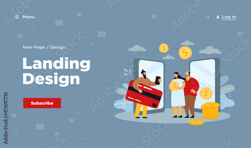 Remittance and money transfer between relatives. Flat vector illustration. Cartoon family making cashless financial transactions, sending money. Bank, mobile transfer payments, online wallet concept