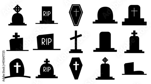 Collection of dark silhouettes of tombstones. Icons of graves, monuments with crosses. Tomb with a cross and gravestones. Death and burial symbol. Vector illustration isolated.