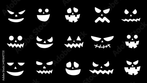 Collection of Halloween pumpkin faces icons. Scary faces ghost. Spooky pumpkin smile jack o lanter or frightened vampire. Design for the holiday Halloween. Vector illustration.
