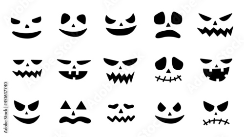 Collection of Halloween pumpkin faces icons. Scary faces ghost. Spooky pumpkin smile jack o lanter or frightened vampire. Design for the holiday Halloween. Vector illustration.