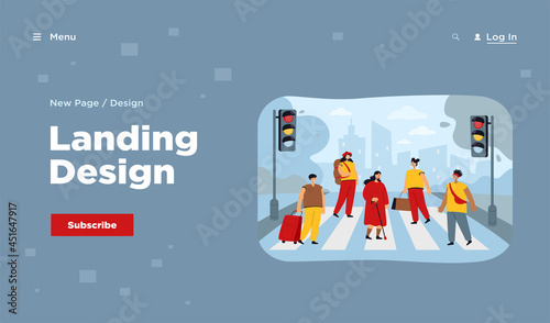 Crowd of various people crossing avenue road flat vector illustration. Cartoon pedestrians walking on street crosswalk. Modern lifestyle and city traffic concept