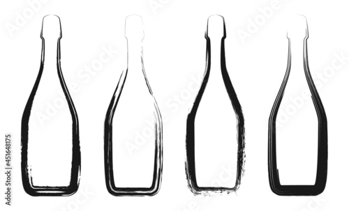 Set of grunge champagne bottle icons isolated on a white background.