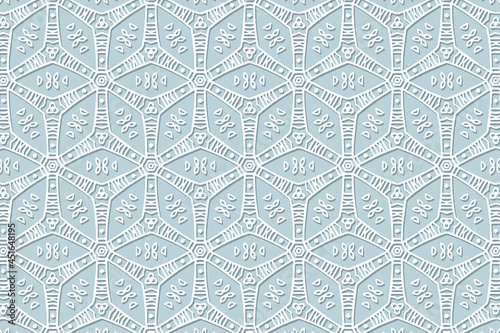 Geometric volumetric convex ethnic white 3D pattern. Embossed stylish blue background in oriental, Indonesian style. Lace texture, cut paper ornament.