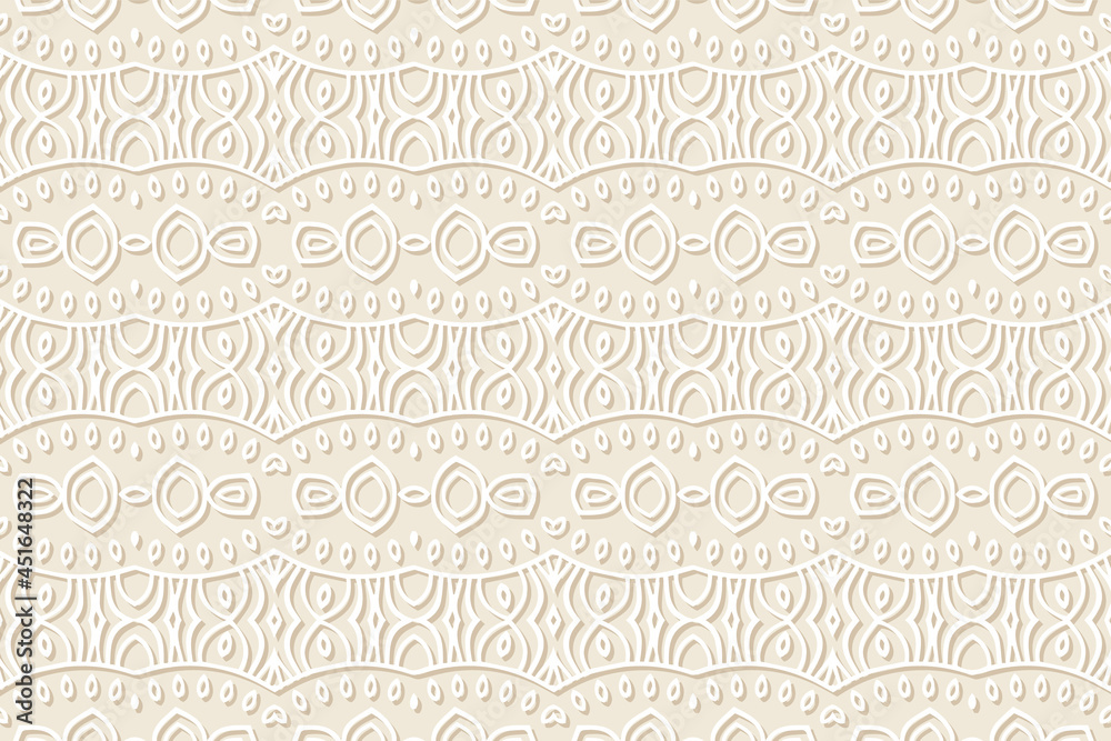 Geometric volumetric convex ethnic 3D pattern. Embossed original light beige background in oriental, Indonesian style. Lace texture, cut paper ornament.