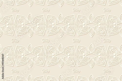 Geometric volumetric convex ethnic 3D pattern. Embossed creative light beige background in oriental, Indonesian style. Lace texture, cut paper ornament.