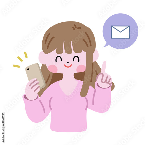 スマホを持ち、指差しポーズをしてアピールする女性　メール