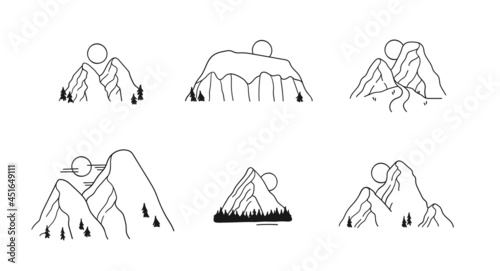 Hand drawn Mountain Logo set. Ski Resort vector icon, doodle elements. Great Outdoor symbol isolated, travel label