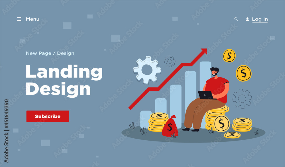 Naklejka premium Cartoon capital growth and cash profits metaphor. Flat vector illustration. Employee or investor working on financial planning and getting dividends. Business, investment, finance, money concept