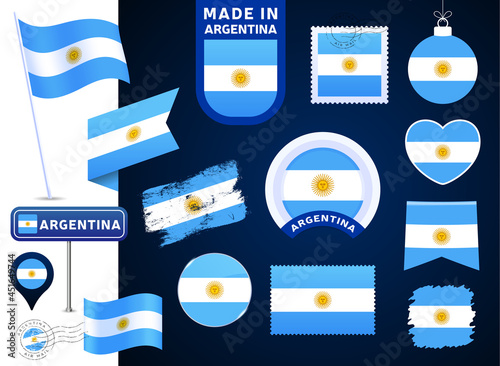 argentina flag vector collection. big set of national flag design elements in different shapes for public and national holidays in flat style. Post mark, made in, love, circle, road sign, wave