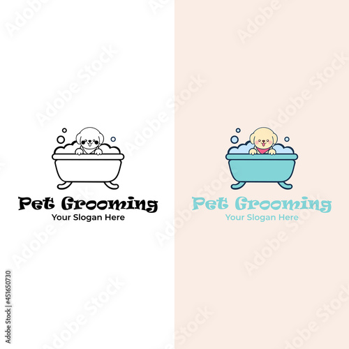 Dog care. Flat vector illustration. Cute dog shower in bath. Logo for pet hair salon, pet styling and grooming shop.