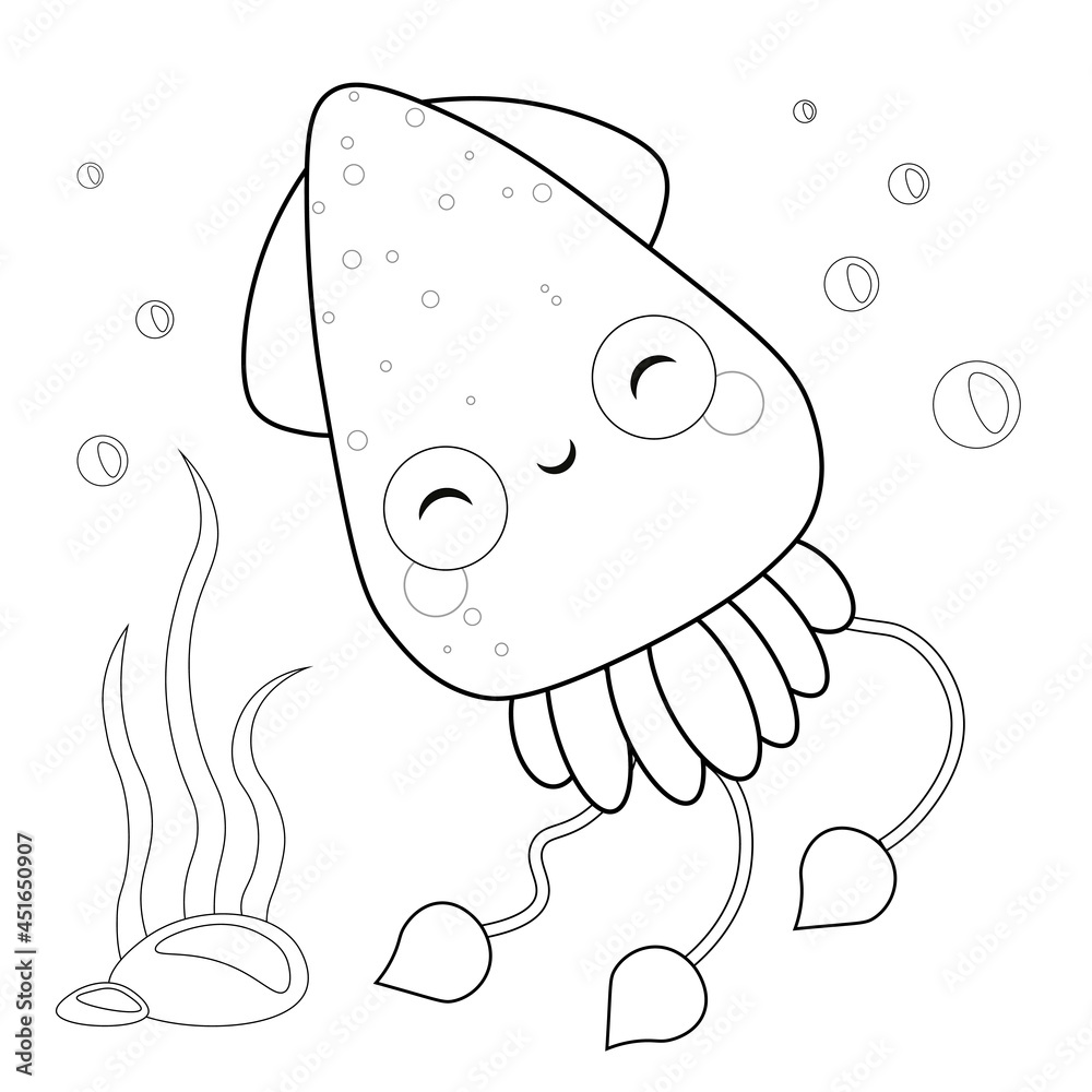 Cute squid Coloring Page Vector Illustration isolated on White ...