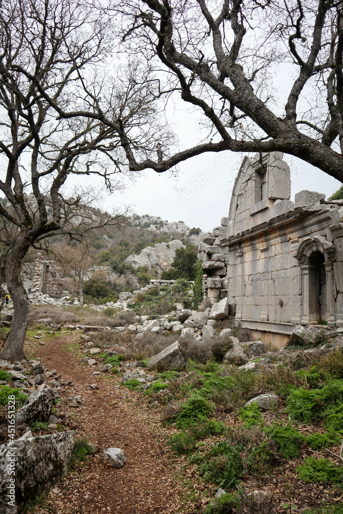 ruins of ancient Gymnasium in abandoned city Termessos in Turkey mountains