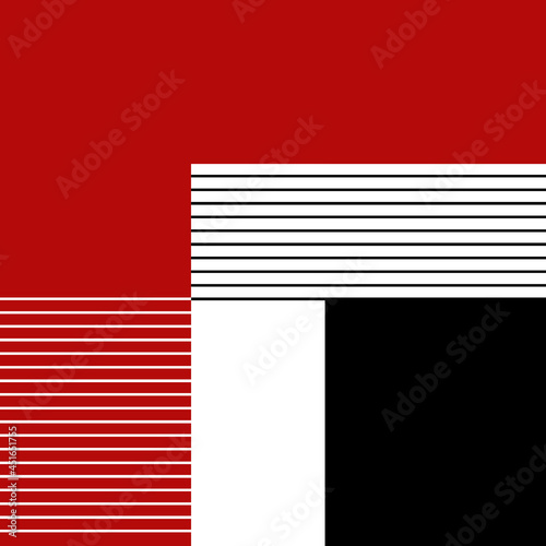 Illustration with geometric shapes (stripes, rectangles, squares) in three colors