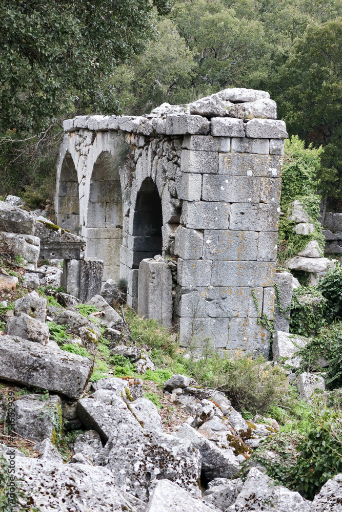ruins of ancient building with arch in abandoned city Termessos that lost in Turkey mountains